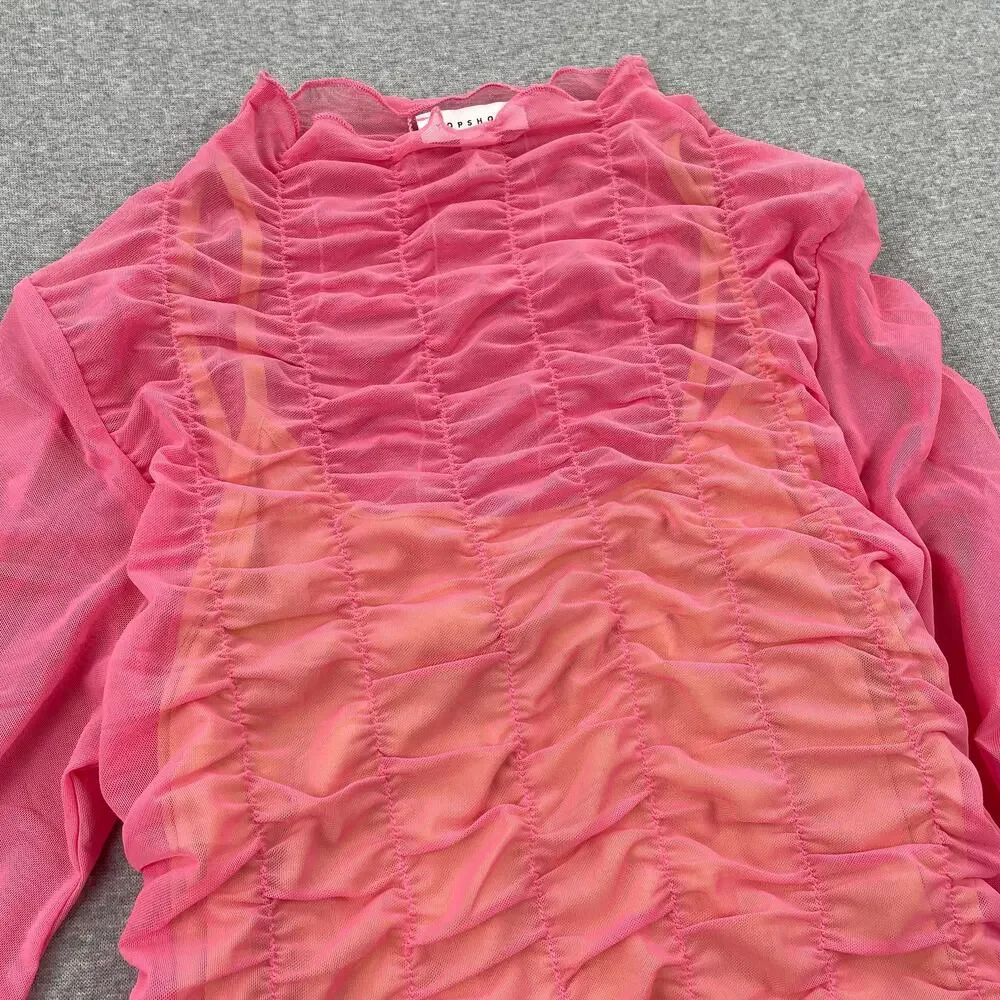 TOPSHOP Dress Size M 8/10 Hot Pink Sheer Layered Mesh Mini Ruched Long Sleeve